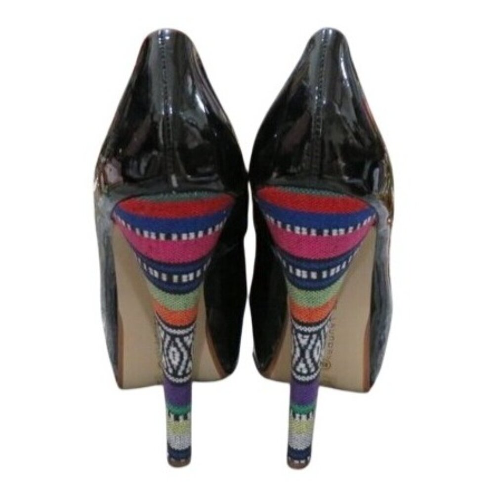 Chinese Laundry Triple Major Black Patent Leather Peep Toe Patterned Heels sz 8 - Picture 4 of 14